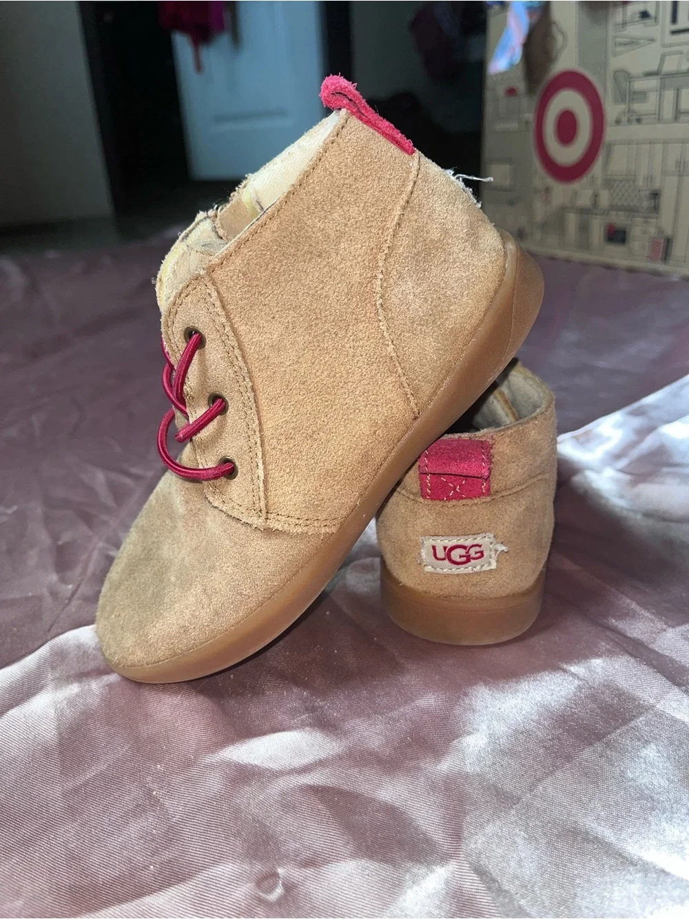 UGG Kids Tan Suede Chelsea Ankle Boots with Red Accents
